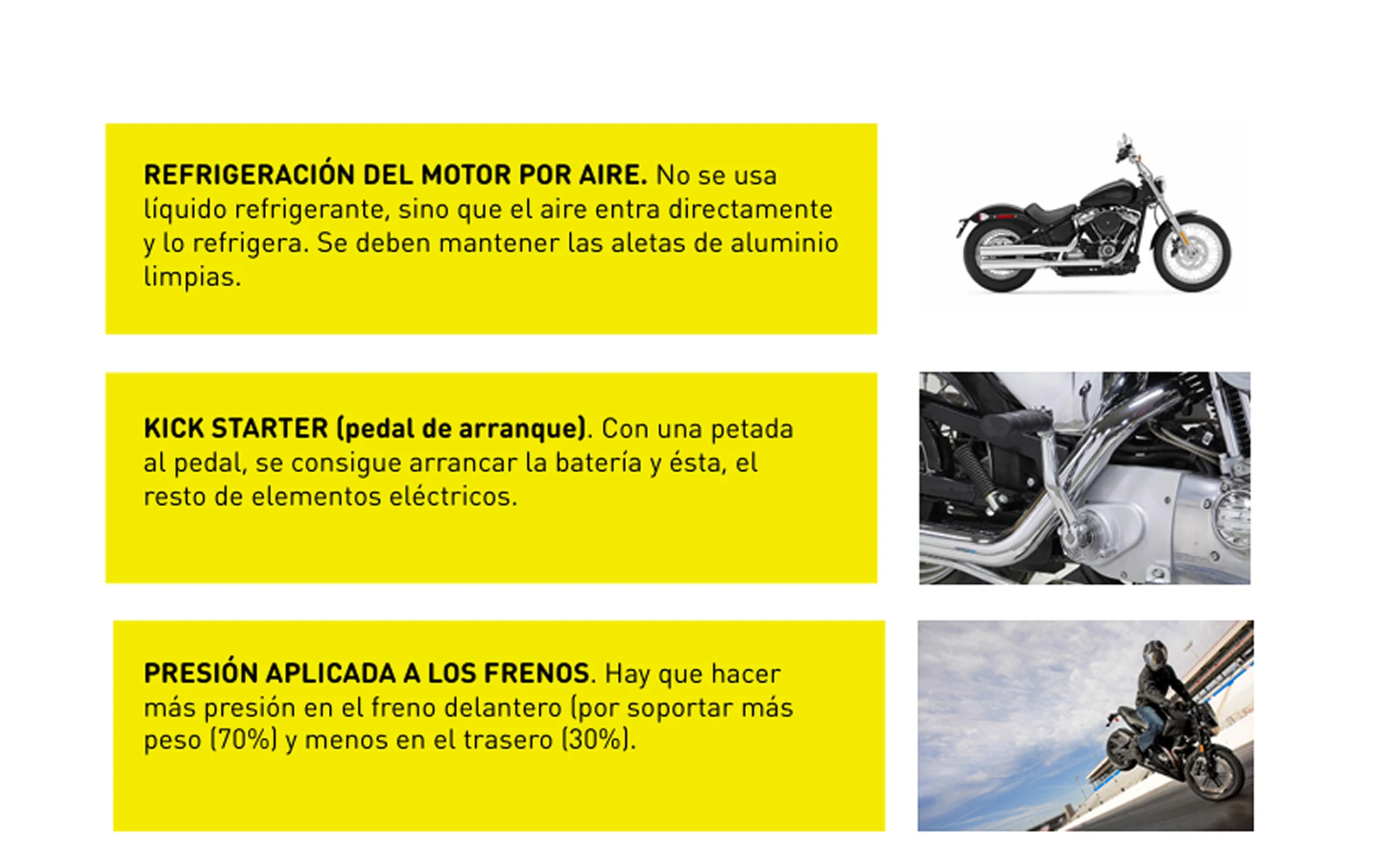 Fichas del temario de moto: refrigeración por aire, kick starter y presión aplicada a los frenos