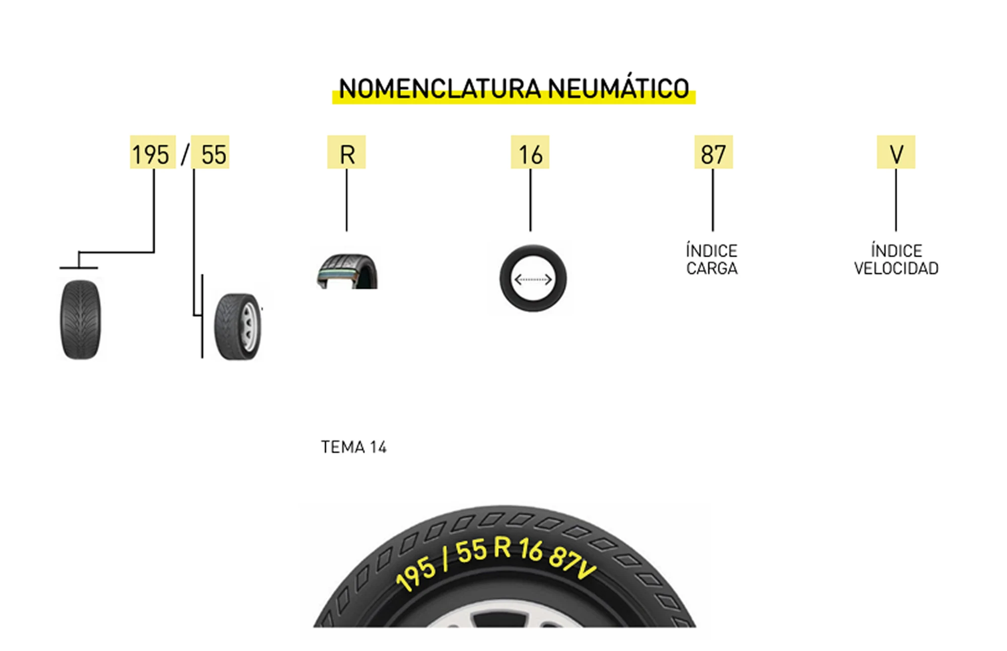 Lámina del temario: nomenclatura del neumático 195/55 R 16 87V